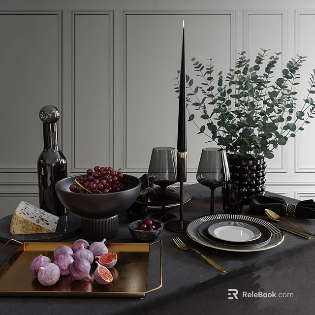 Stylish Black Golden Tableware Set with Wine Glasses Fruit Green Plants Cheese Vase Candle Holder 3d model 
