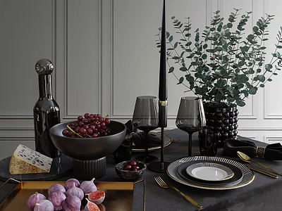 Stylish Black Golden Tableware Set with Wine Glasses Fruit Green Plants Cheese Vase Candle Holder 3d model