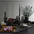 Stylish Black Golden Tableware Set with Wine Glasses Fruit Green Plants Cheese Vase Candle Holder