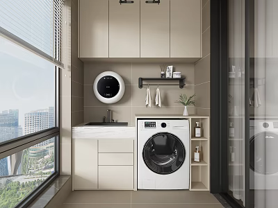 Modern Home Balcony with Washing Machine Cabinets Sink City View and Potted Plant 3d model