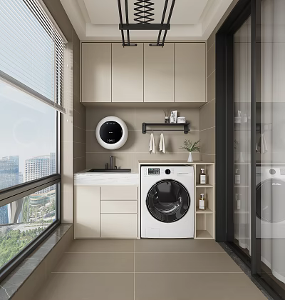 Modern Home Balcony with Washing Machine Cabinets Sink City View and Potted Plant 3d model