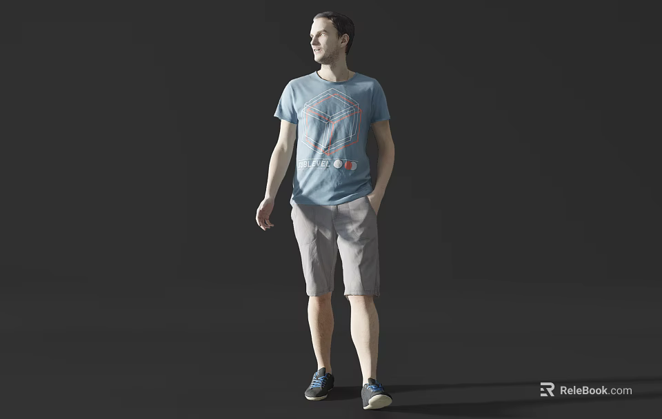 A Man Wearing Light Blue T-shirt With Graphic Design and Khaki Shorts Against Gray Background 3d model 