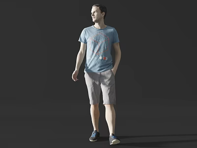 A Man Wearing Light Blue T-shirt With Graphic Design and Khaki Shorts Against Gray Background 3d model