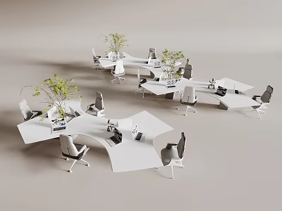 Modern Office Desks With Modular Design Ergonomic Chairs And Green Plants 3d model