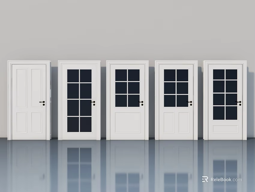 White Swing Doors With Various Panel And Glass Design Styles For Interior 3d model