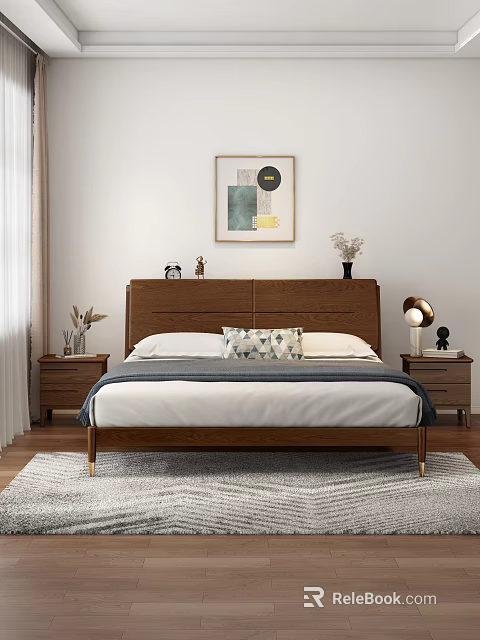 Modern Double Bed with Wooden Headboard Decorative Painting Nightstands Table Lamp Pillows on Wooden Floor 3d model 