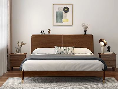 Modern Double Bed with Wooden Headboard Decorative Painting Nightstands Table Lamp Pillows on Wooden Floor 3d model