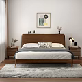 Modern Double Bed with Wooden Headboard Decorative Painting Nightstands Table Lamp Pillows on Wooden Floor