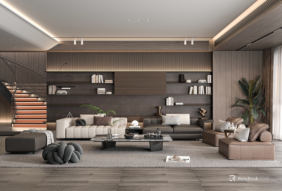 Modern Living Room Interior Design With Wooden Panels Bookshelves Gray Beige Sofas And Potted Plant 3d model 