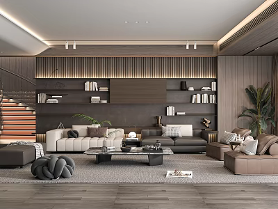 Modern Living Room Interior Design With Wooden Panels Bookshelves Gray Beige Sofas And Potted Plant 3d model