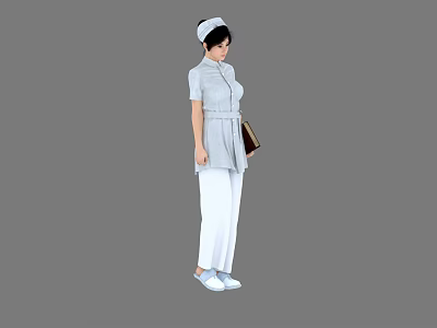 A Woman Dressed In Light Blue Nurse Uniform With White Cap Pants And Shoes Standing 3d model