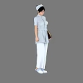 A Woman Dressed In Light Blue Nurse Uniform With White Cap Pants And Shoes Standing