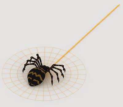 Black And Yellow Patterned Reptile On Yellow Grid Web With Slender Thread 3d model
