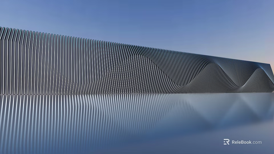 Modern Metallic Striped Background Wall With Reflective Surface And Architectural Design 3d model 