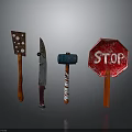 Still Life Tool Collection With Perforated Spatula Knife Hammer And Red Stop Sign