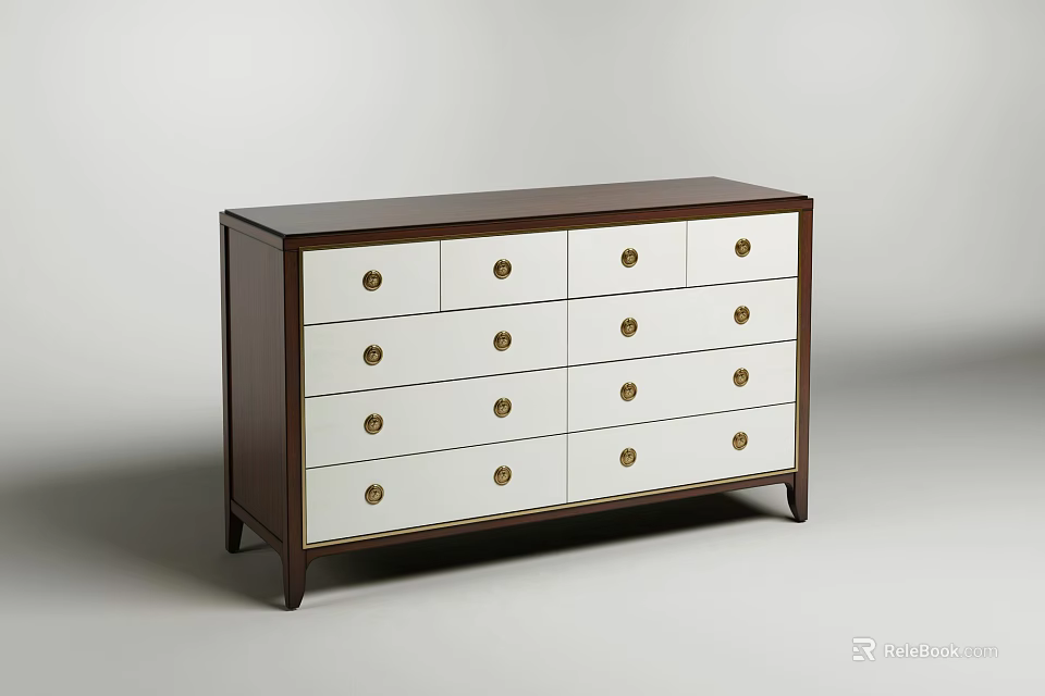 Modern Chest of Drawers With Dark Wood Frame White Drawers And Gold Round Handles 3d model 