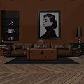 Brown Leather Sofa And Trunk Coffee Table Set With Orange Wall And Black White Portrait