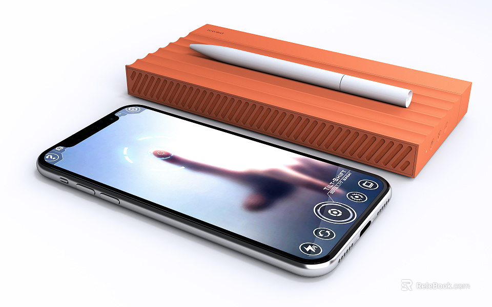 Smartphone With Finger Gesture Screen And Orange Textured Case White Pen 3d model 