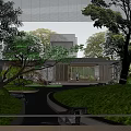 Serene Garden Landscape With Flowing Stream Lush Greenery And Modern Pavilion