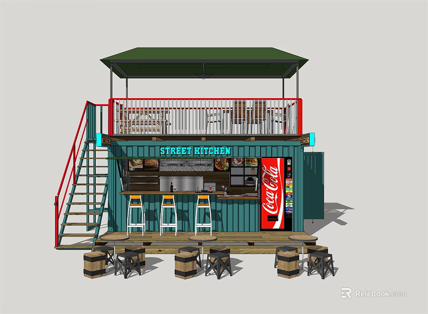 Container Building Street Cafe With Bar Counter Bar Stools Wooden Barrel Seats And Green Canopy 3d model 