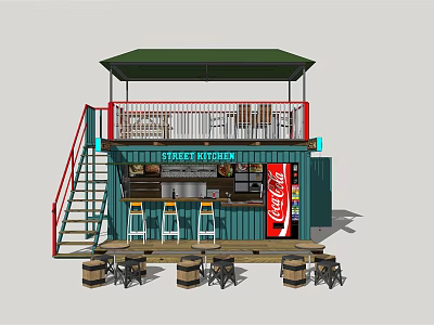 Container Building Street Cafe With Bar Counter Bar Stools Wooden Barrel Seats And Green Canopy 3d model