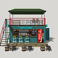 Container Building Street Cafe With Bar Counter Bar Stools Wooden Barrel Seats And Green Canopy