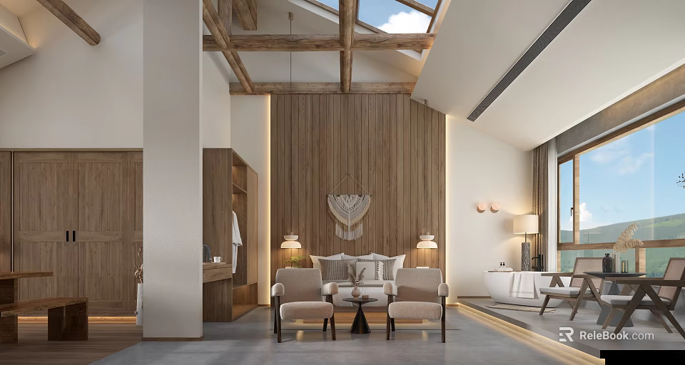 Hotel Guest Room With Wooden Walls Skylight Sofa Chairs Bathtub And Wooden Beams 3d model 