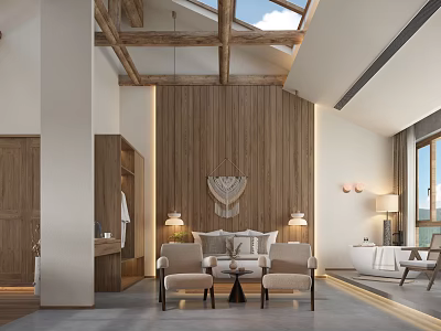 Hotel Guest Room With Wooden Walls Skylight Sofa Chairs Bathtub And Wooden Beams 3d model