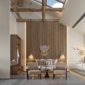 Hotel Guest Room With Wooden Walls Skylight Sofa Chairs Bathtub And Wooden Beams