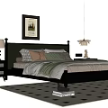 Cozy Double Bed with Dark Bedframe Pillows Striped Bedspread Nightstands Table Lamp and Geometric Rug