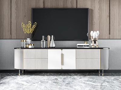 Modern TV Stand With Black Countertop Silver Cabinet Gold Accents Decorative Vases And Books 3d model