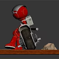 White Motorcycle Model Display With Black Helmet Red Clothed Figure On Brown Wooden Base