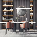 Modern Dining Table Set With Pink Chairs Round Wall Decor And Stylish Shelves Interior 3d model