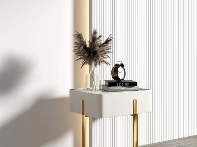 White Bedside Table With Gold Legs Vase Feather Plant And Black Alarm Clock 3d model