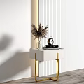 White Bedside Table With Gold Legs Vase Feather Plant And Black Alarm Clock
