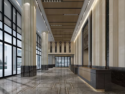 Spacious Modern Hotel Lobby With Large Windows Elegant Columns And Marble Floor 3d model