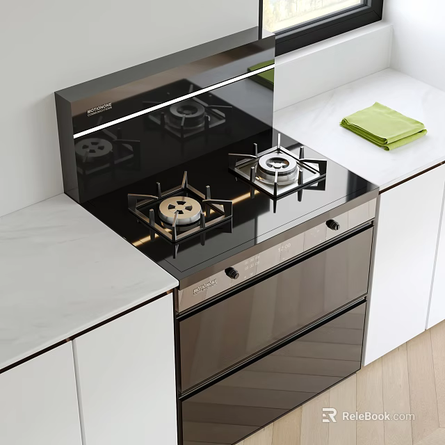Modern Built in Gas Stove And Oven Kitchen Appliances With Marble Countertop And White Cabinets 3d model 
