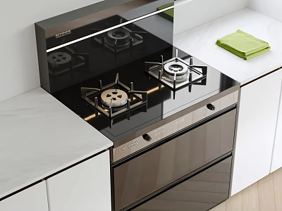 Modern Built in Gas Stove And Oven Kitchen Appliances With Marble Countertop And White Cabinets 3d model