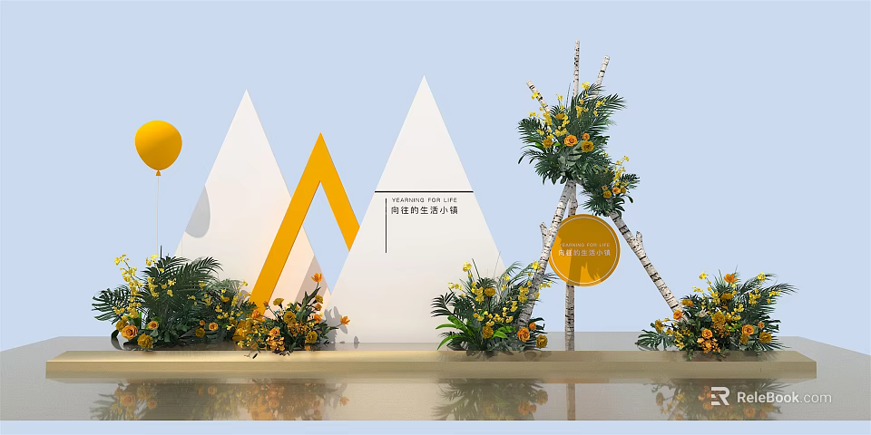 Decorative Scene With White Triangular Structures Yellow Decor And Green Plants 3d model