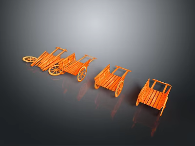 Orange Wooden Carts Three Different Sizes On Black Background With Reflections 3d model