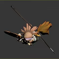 Game Movie Character With Pink Hair Yellow White Outfit Holding Long Staff And Maple Leaf Wings