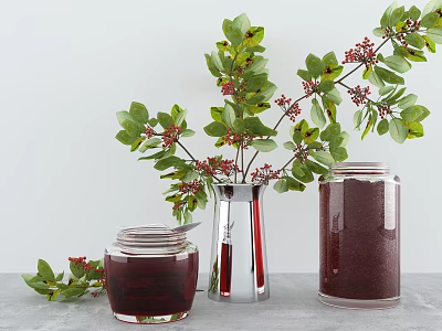 Kitchen Storage Jars With Silver Vase And Decorative Plant On Light Gray Countertop 3d model