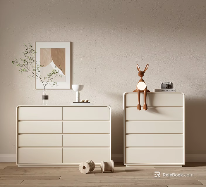 Modern White Entryway Cabinet And Side Cabinet With Wall Art Deer Figurine And Plant 3d model 