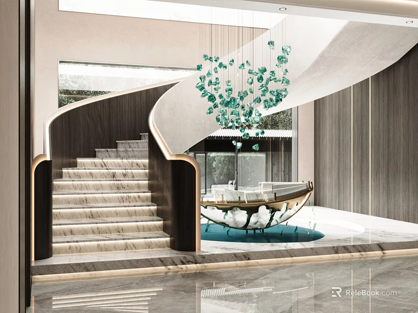 Modern Spiral Staircase Design With Marble Steps Glass Pendant Light In Entrance Hall Wooden Walls 3d model 