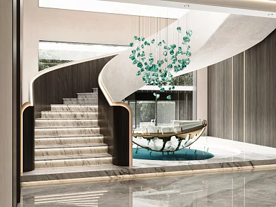 Modern Spiral Staircase Design With Marble Steps Glass Pendant Light In Entrance Hall Wooden Walls 3d model