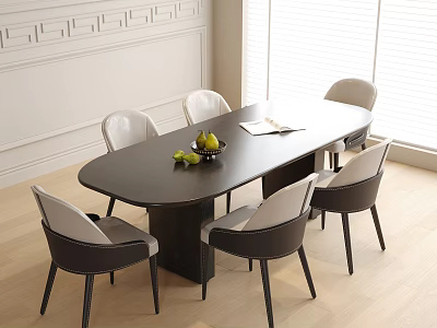 Oval Dark Dining Table And Chairs Set With Fruit Bowl Open Book In Bright Room 3d model