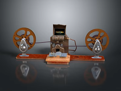 Vintage Edison Mechanical Device with Large Wooden Wheels and Metal Structure on Wooden Base 3d model