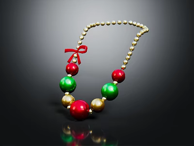 Festive Colorful Necklace With Red Green Gold Beads And Red Bow Design 3d model