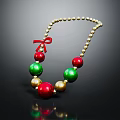 Festive Colorful Necklace With Red Green Gold Beads And Red Bow Design