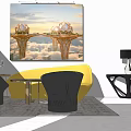 Modern Sofa and Coffee Table Set with Yellow Sofa Black Table and Wall Art 3d model